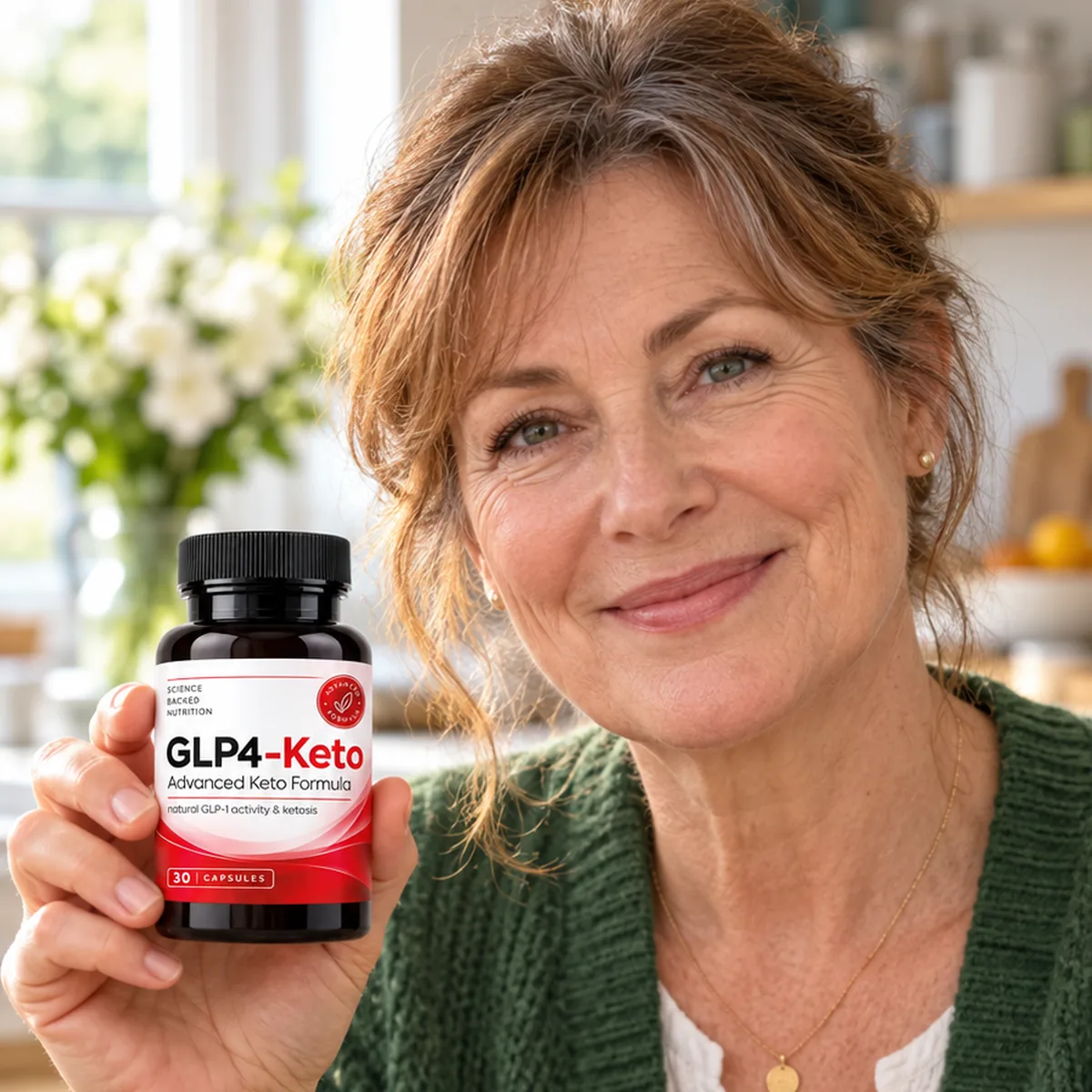 Woman holding a GLP4-Keto bottle at breakfast